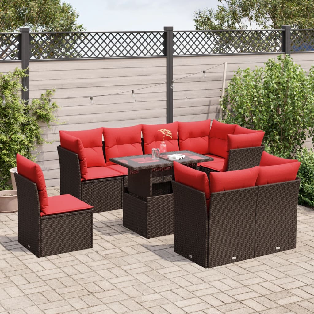 9-teiliges Gartensofa-Set mit Kissen, braun, Polyrattan