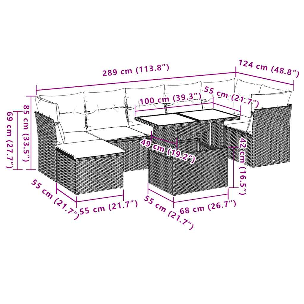 8-teiliges Gartensofa-Set mit Kissen, grau, Polyrattan