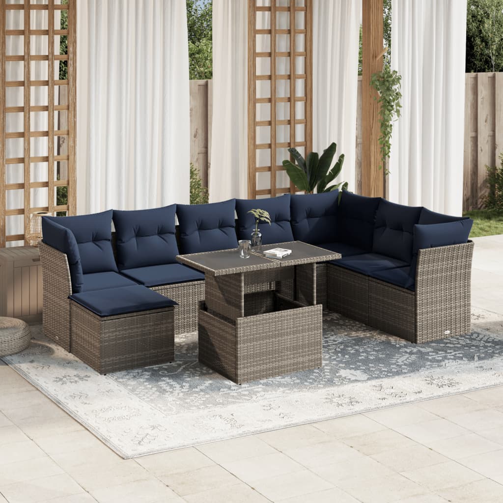 9-teiliges Gartensofa-Set mit Kissen, grau, Polyrattan