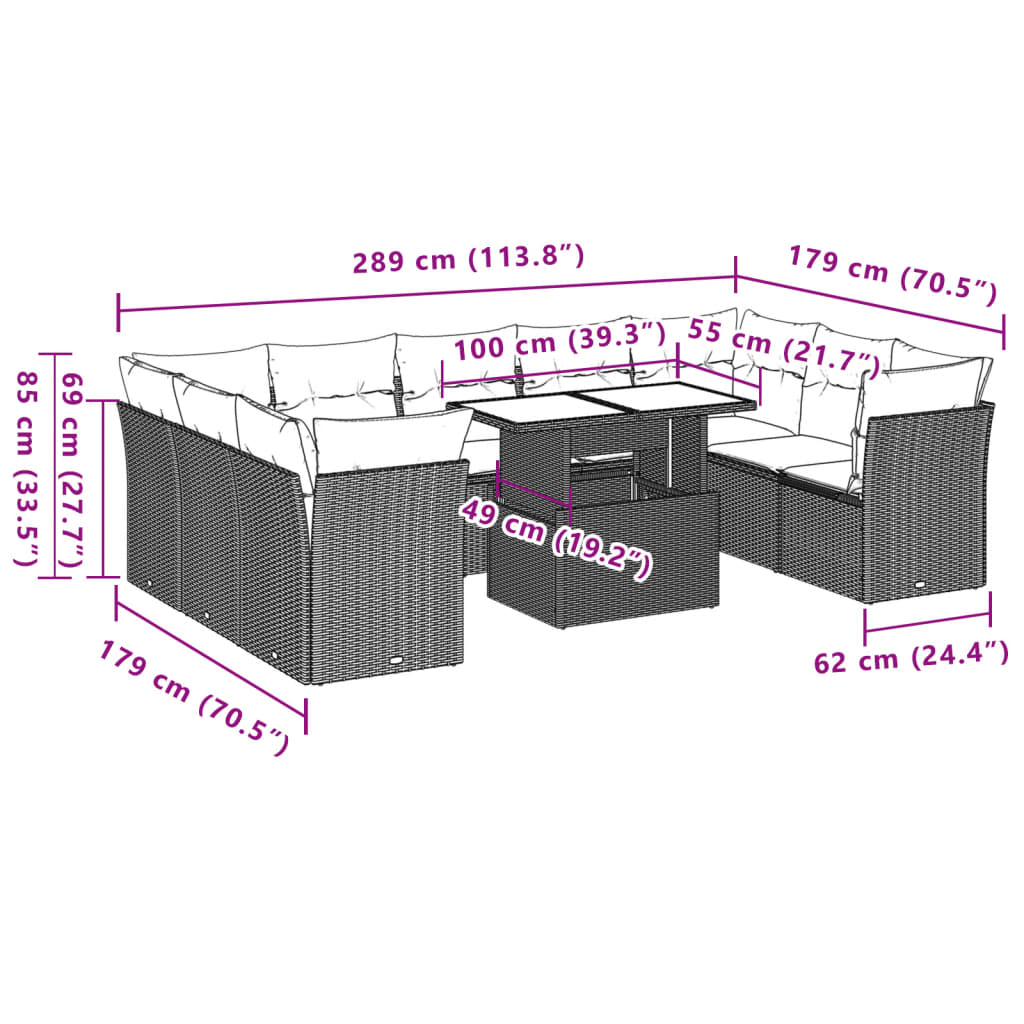 10-teiliges Gartensofa-Set mit Kissen, braun, Polyrattan