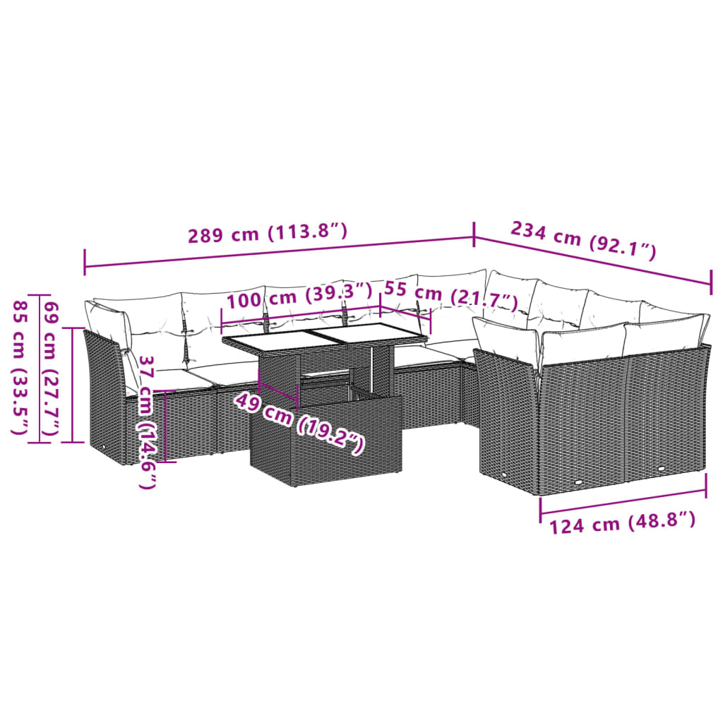10-teiliges Gartensofa-Set mit Kissen, schwarzes Polyrattan