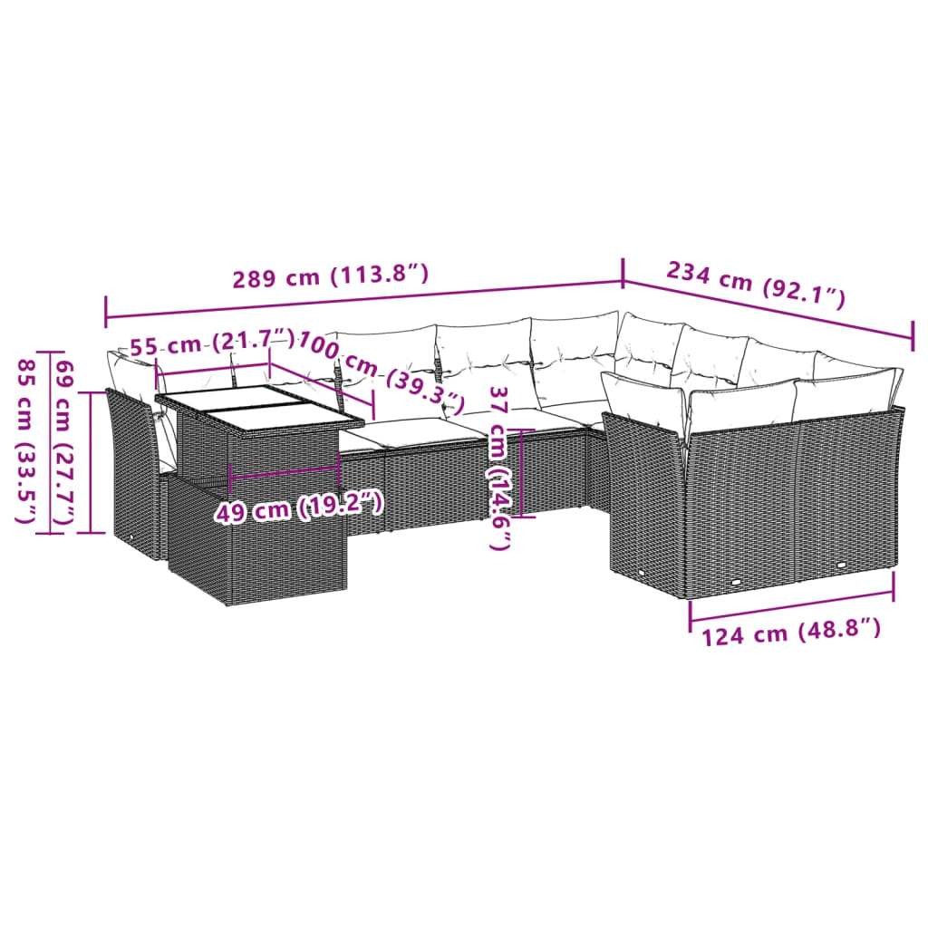 10-teiliges Gartensofa-Set mit Kissen, schwarzes Polyrattan