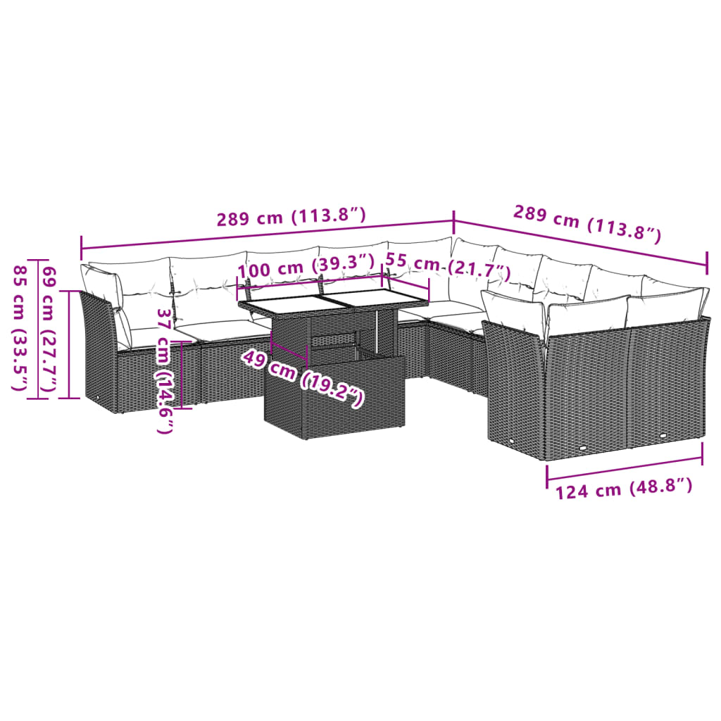 11-teiliges Gartensofa-Set mit Kissen, grau, Polyrattan