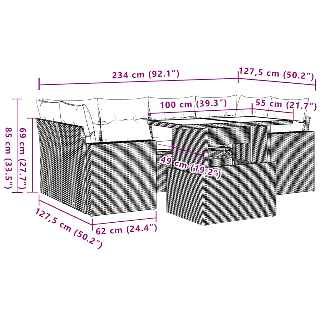 7-teiliges Gartensofa-Set mit Kissen, grau, Polyrattan