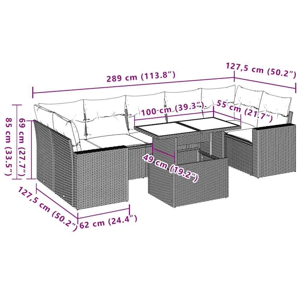 8-teiliges Gartensofa-Set mit Kissen, grau, Polyrattan