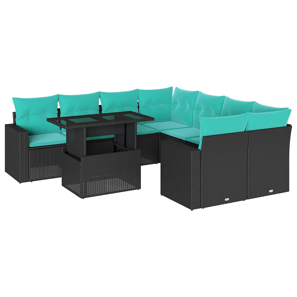 9-teiliges Gartensofa-Set mit Kissen, schwarzes Polyrattan