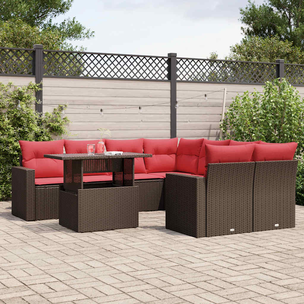 9-teiliges Gartensofa-Set mit Kissen, braun, Polyrattan