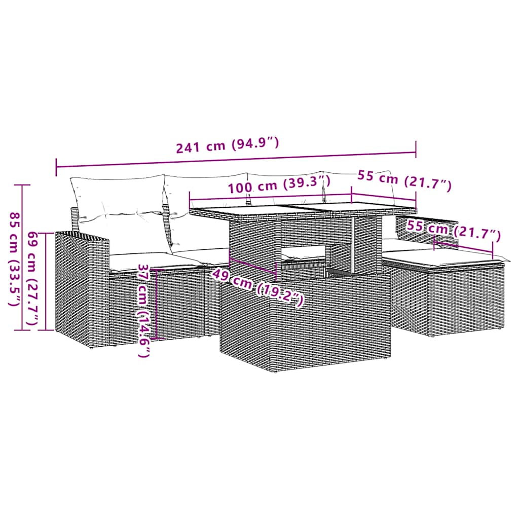 6-teiliges Gartensofa-Set mit Kissen, grau, Polyrattan