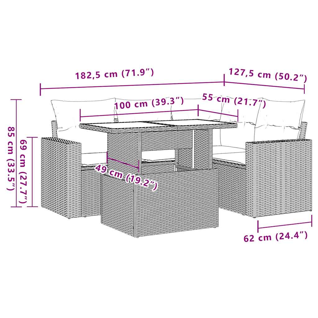 5-teiliges Gartensofa-Set mit Kissen, schwarzes Polyrattan