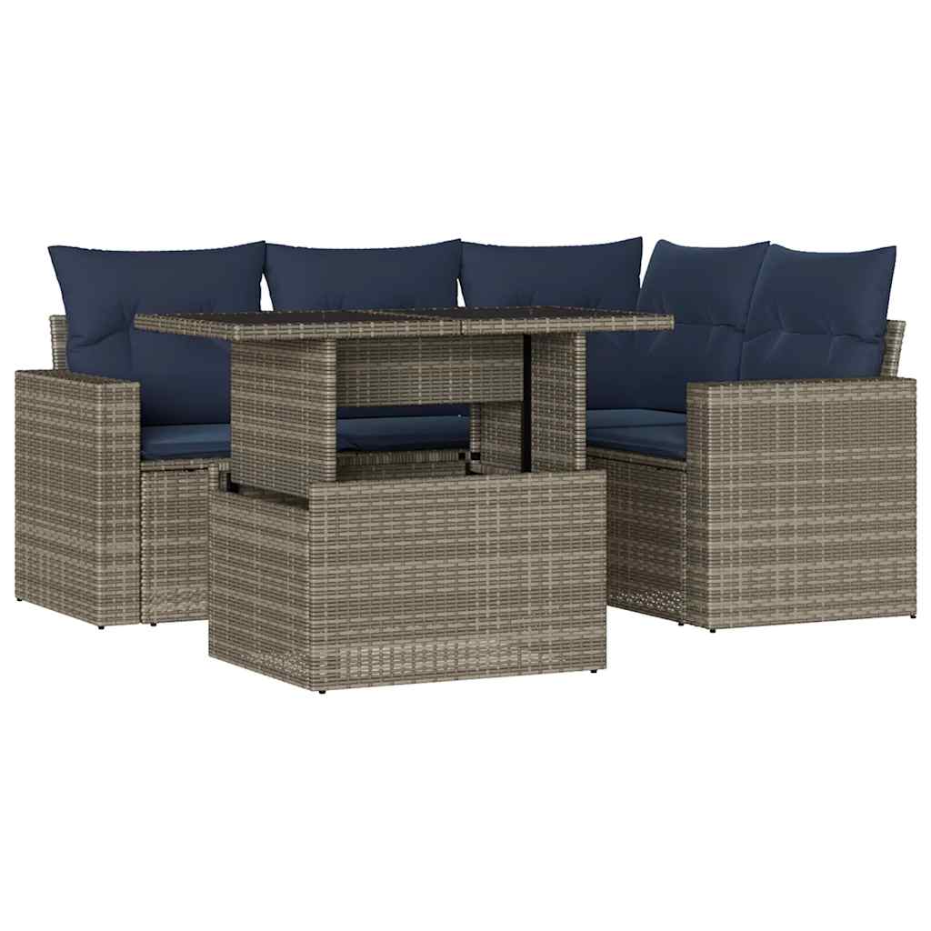 5-teiliges Gartensofa-Set mit Kissen, grau, Polyrattan