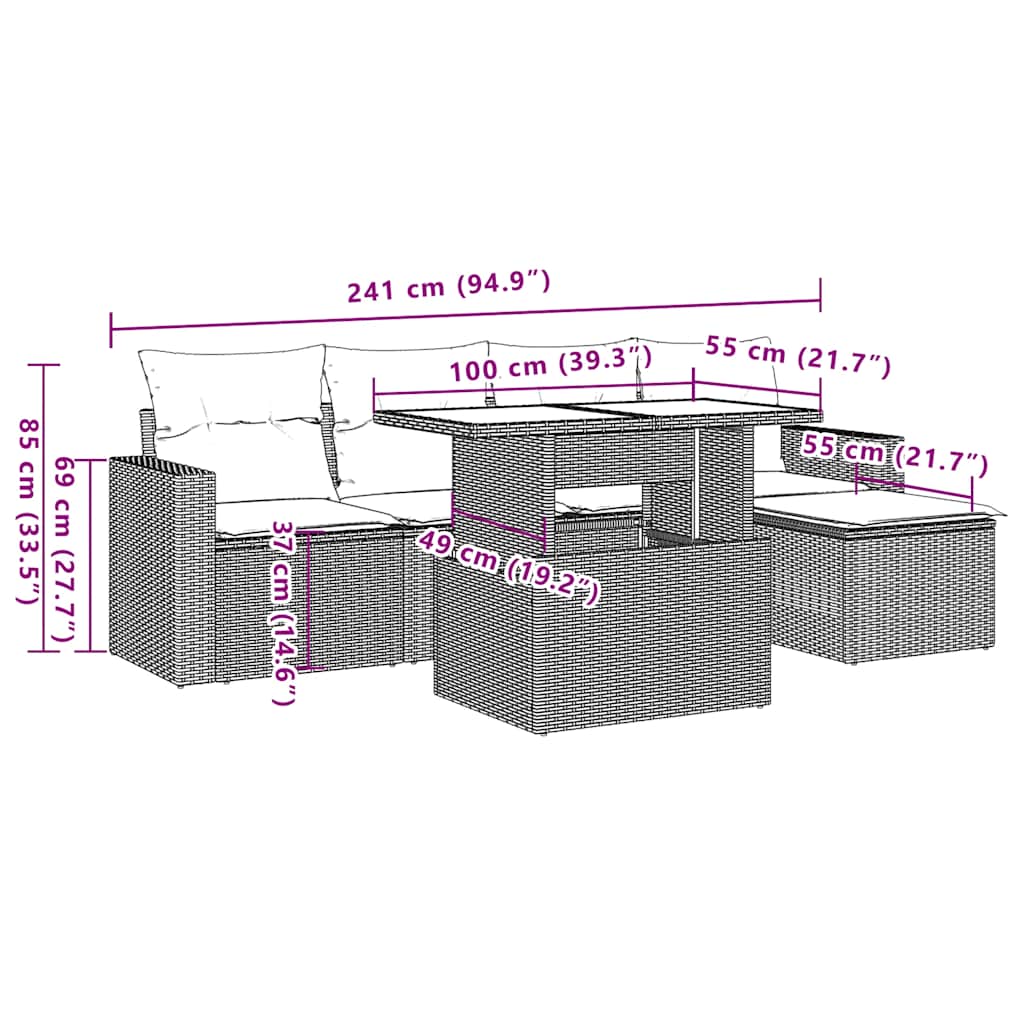 6-teiliges Gartensofa-Set mit Kissen, schwarzes Polyrattan