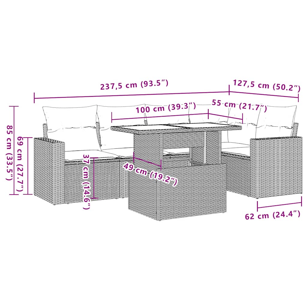 6-teiliges Gartensofa-Set mit Kissen, grau, Polyrattan