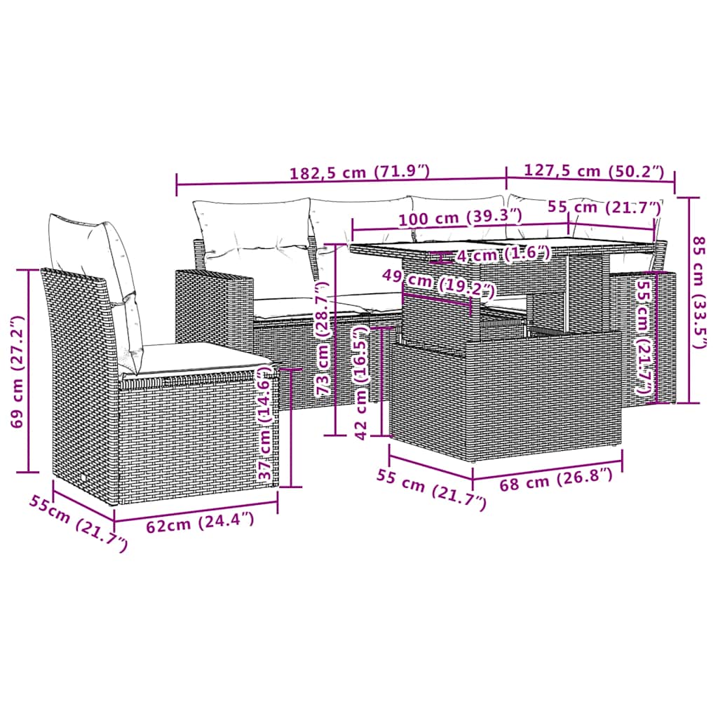 6-teiliges Gartensofa-Set mit Kissen, grau, Polyrattan