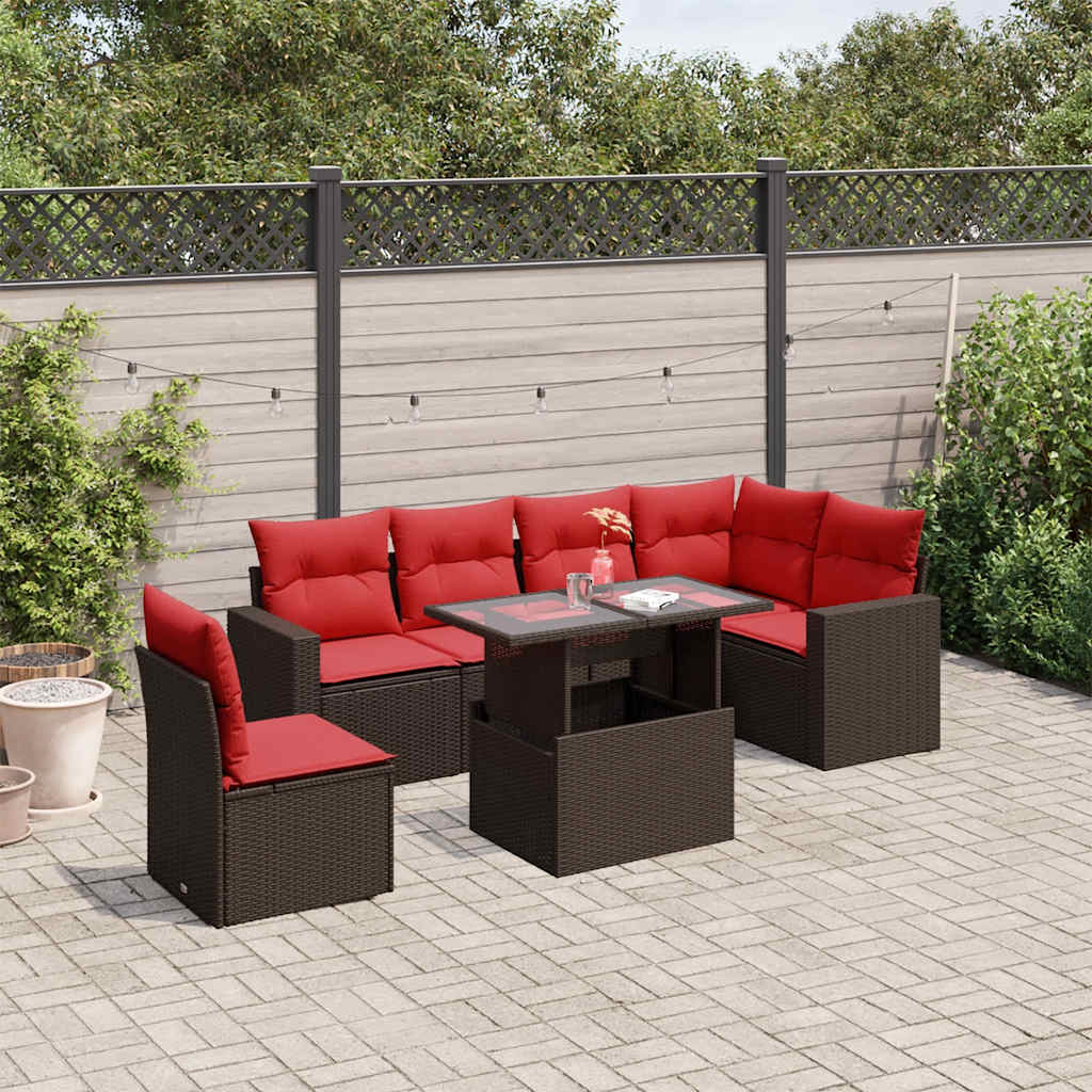 7-teiliges Gartensofa-Set mit Kissen, braun, Polyrattan