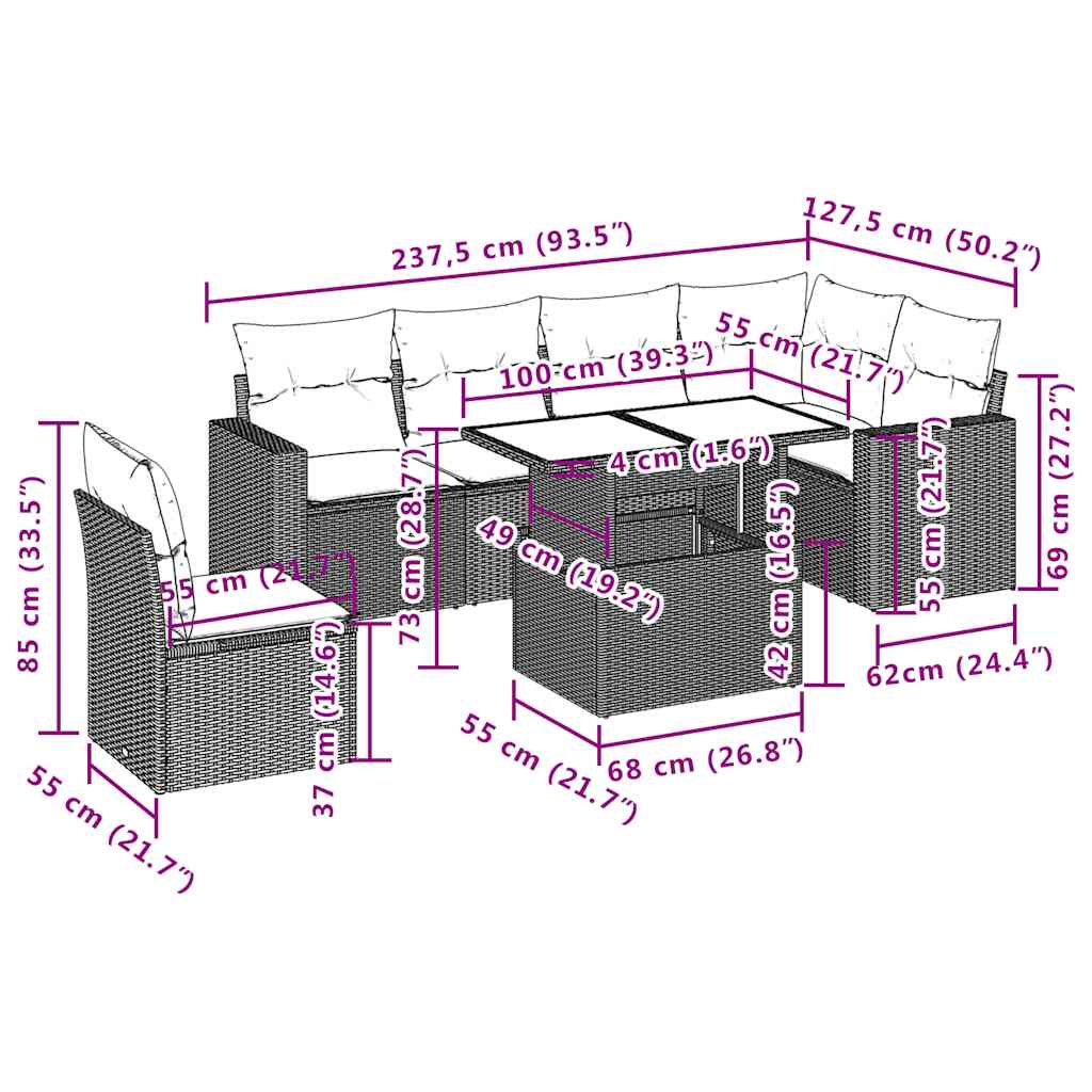 7-teiliges Gartensofa-Set mit Kissen, braun, Polyrattan