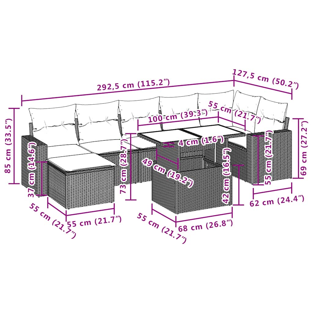 9-teiliges Gartensofa-Set mit Kissen, braun, Polyrattan