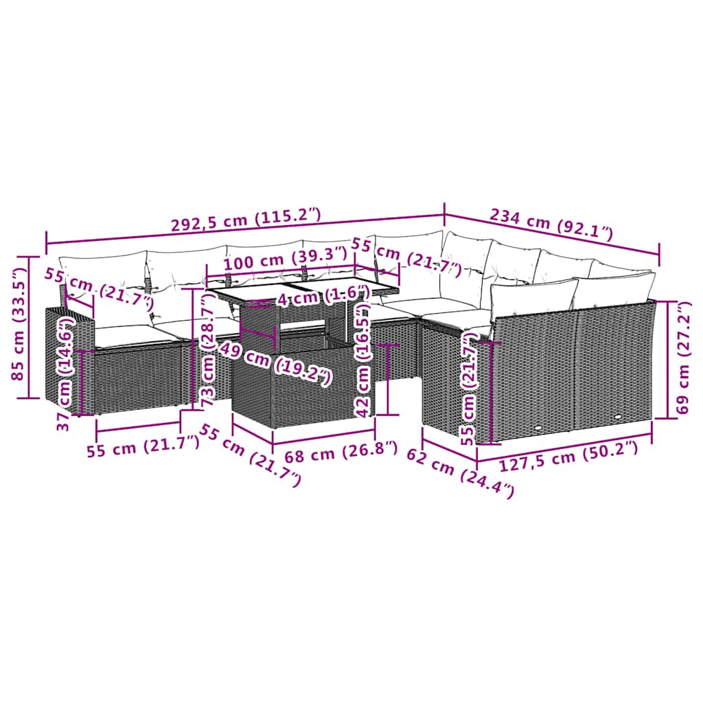 10-teiliges Gartensofa-Set mit Kissen, schwarzes Polyrattan