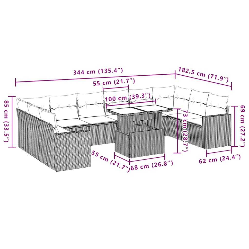 11-teiliges Gartensofa-Set mit Kissen, braun, Polyrattan