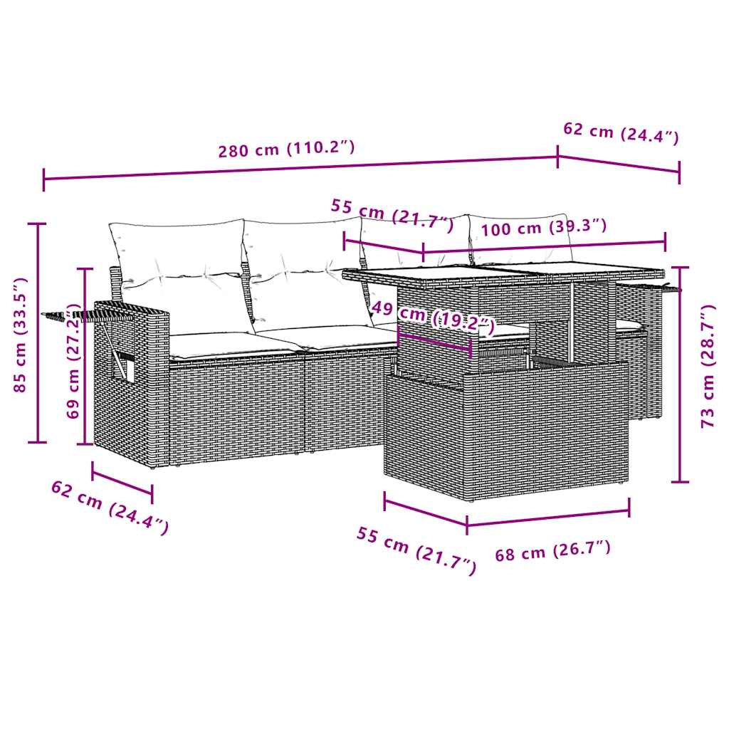 5-teiliges Gartensofa-Set mit Kissen, grau, Polyrattan