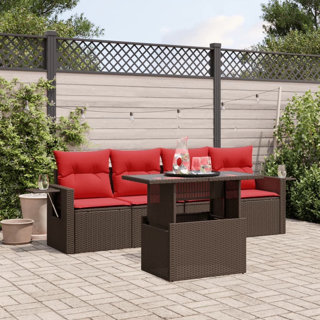 5-teiliges Gartensofa-Set mit Kissen, braun, Polyrattan