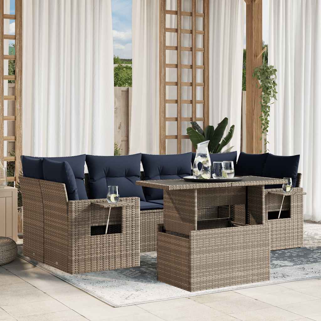 7-teiliges Gartensofa-Set mit Kissen, grau, Polyrattan