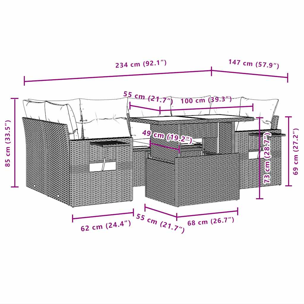 7-teiliges Gartensofa-Set mit Kissen, grau, Polyrattan