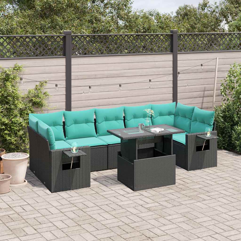 8-teiliges Gartensofa-Set mit Kissen, schwarzes Polyrattan
