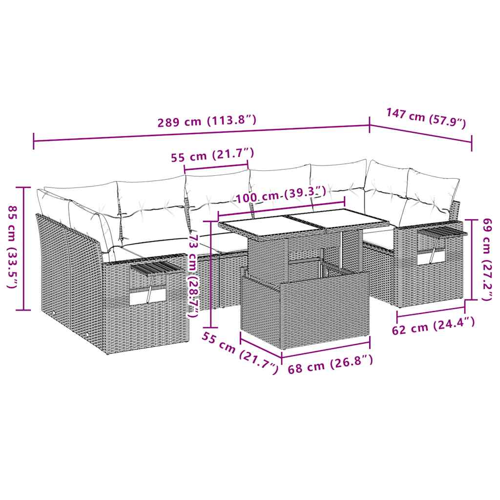 8-teiliges Gartensofa-Set mit Kissen, schwarzes Polyrattan