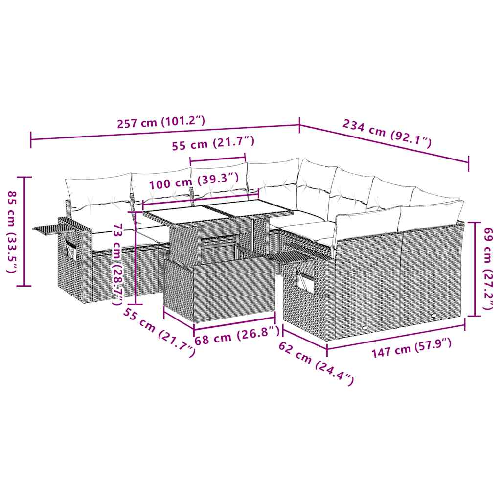 9-teiliges Gartensofa-Set mit Kissen, schwarzes Polyrattan