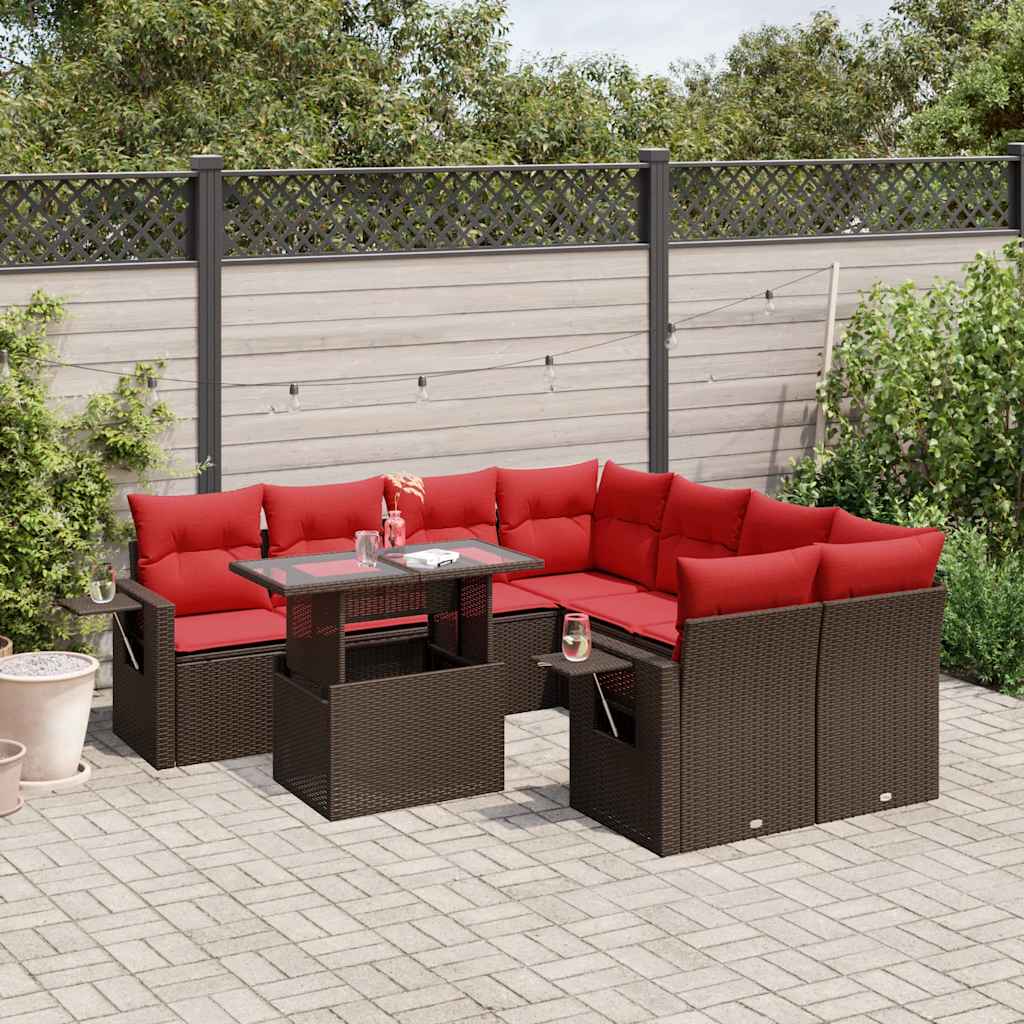 9-teiliges Gartensofa-Set mit Kissen, braun, Polyrattan
