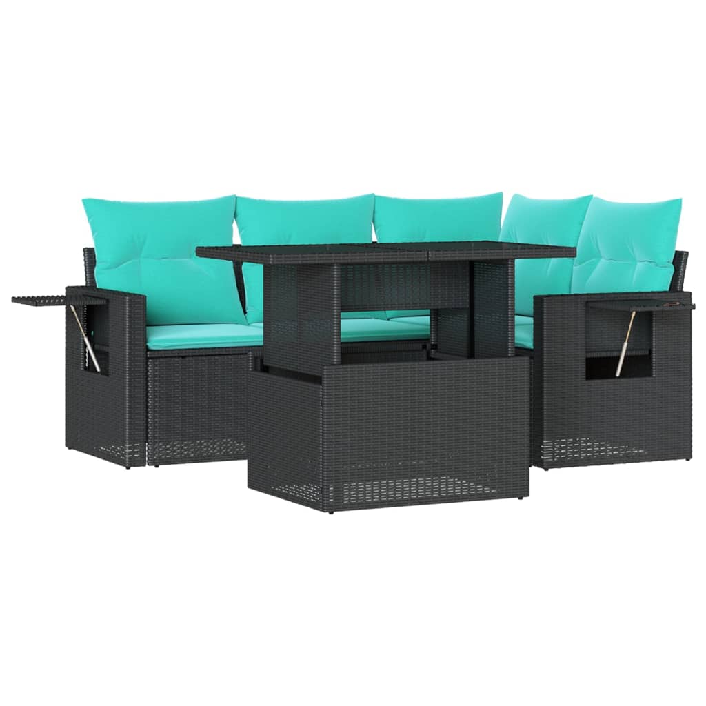 5-teiliges Gartensofa-Set mit Kissen, schwarzes Polyrattan