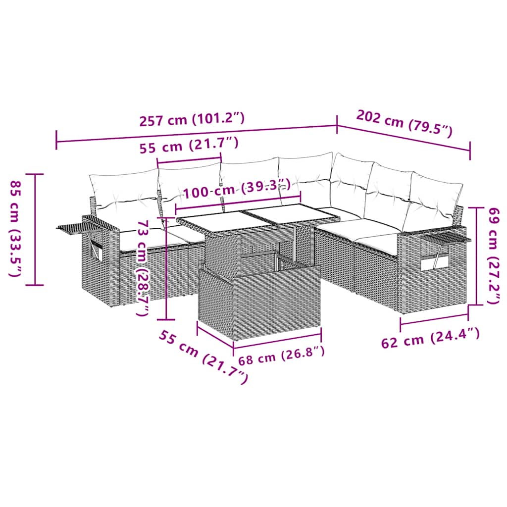 7-teiliges Gartensofa-Set mit Kissen, grau, Polyrattan