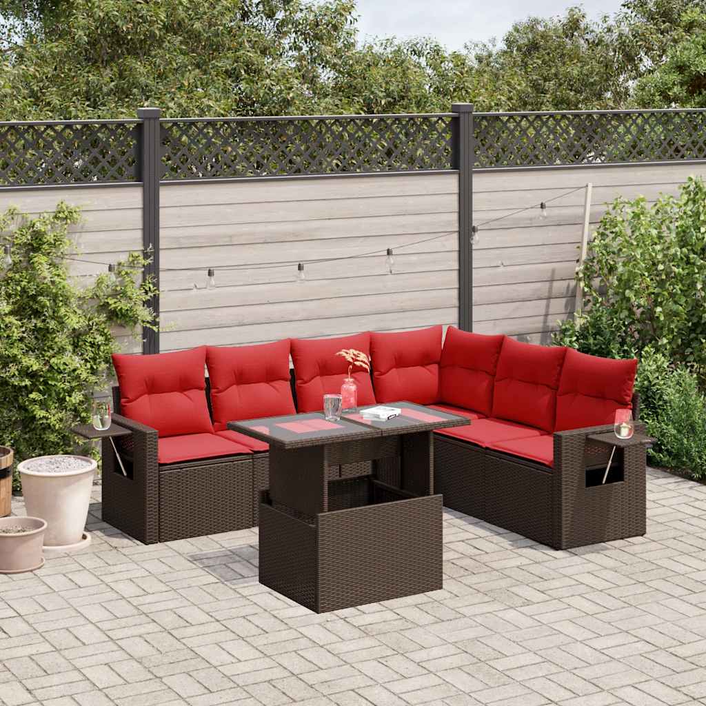 7-teiliges Gartensofa-Set mit Kissen, braun, Polyrattan