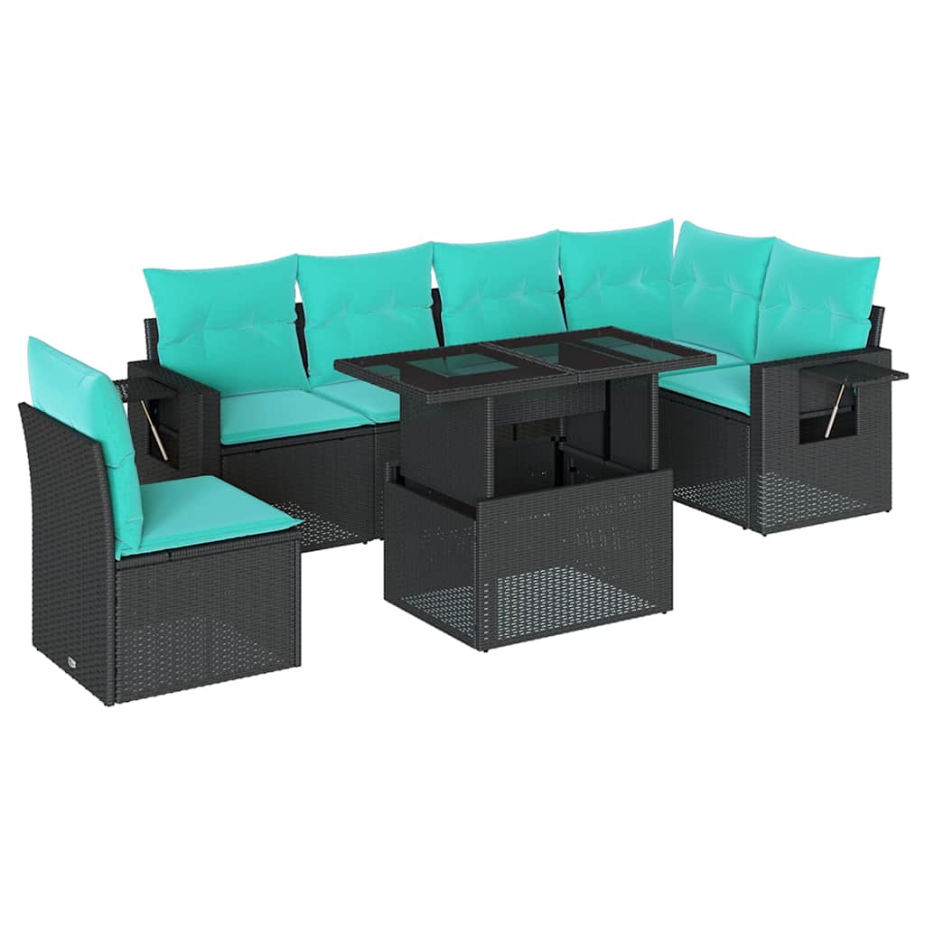 7-teiliges Gartensofa-Set mit Kissen, schwarzes Polyrattan
