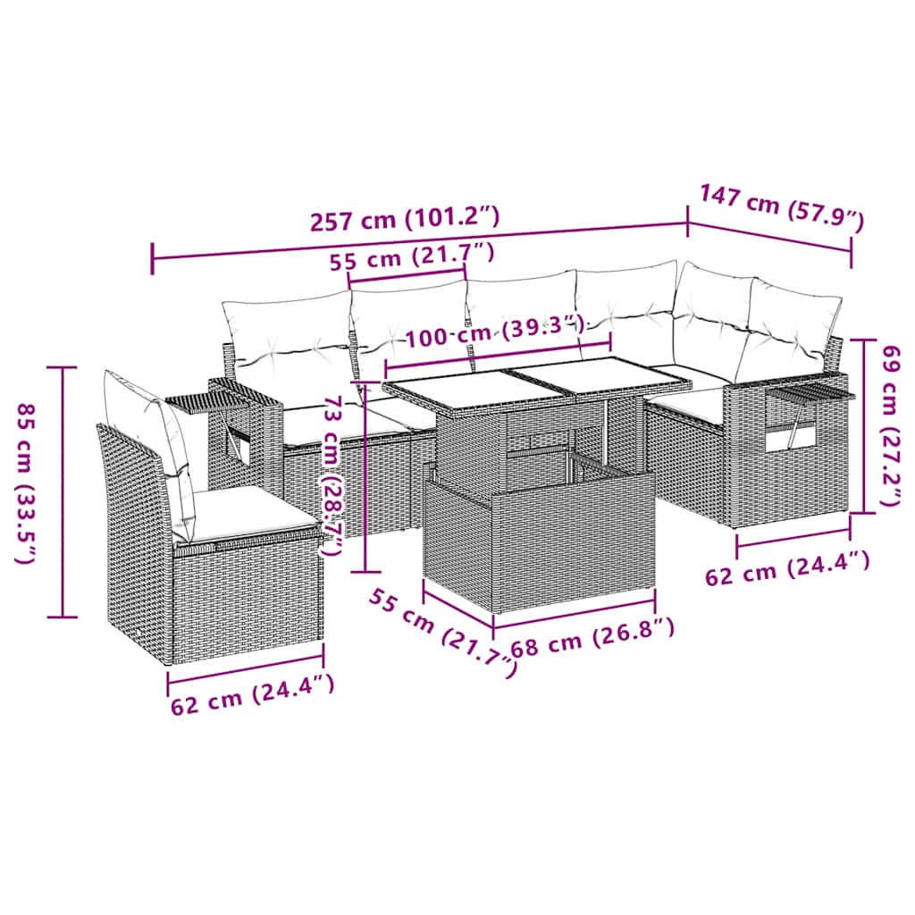 7-teiliges Gartensofa-Set mit Kissen, grau, Polyrattan