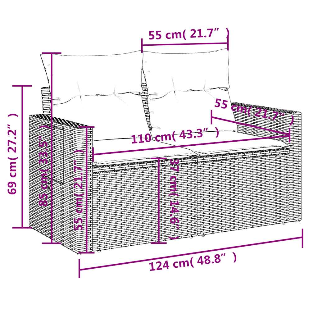 7-teiliges Gartensofa-Set mit Kissen, grau, Polyrattan