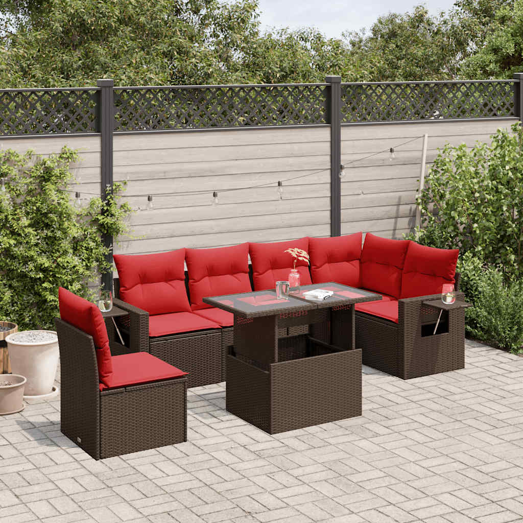 7-teiliges Gartensofa-Set mit Kissen, braun, Polyrattan