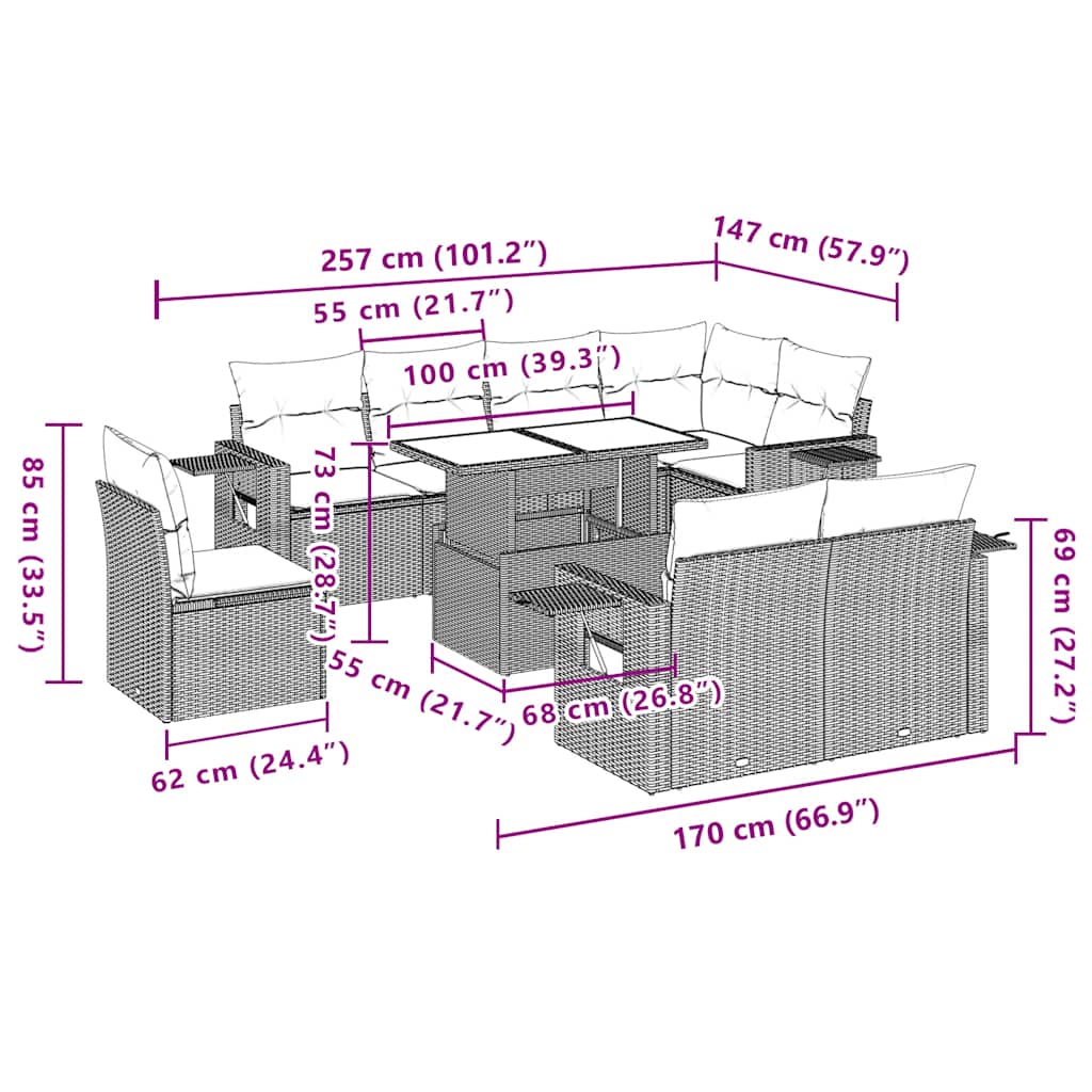 9-teiliges Gartensofa-Set mit Kissen, schwarzes Polyrattan