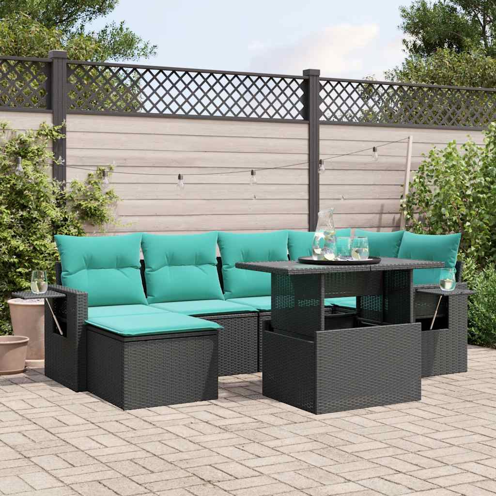 7-teiliges Gartensofa-Set mit Kissen, schwarzes Polyrattan