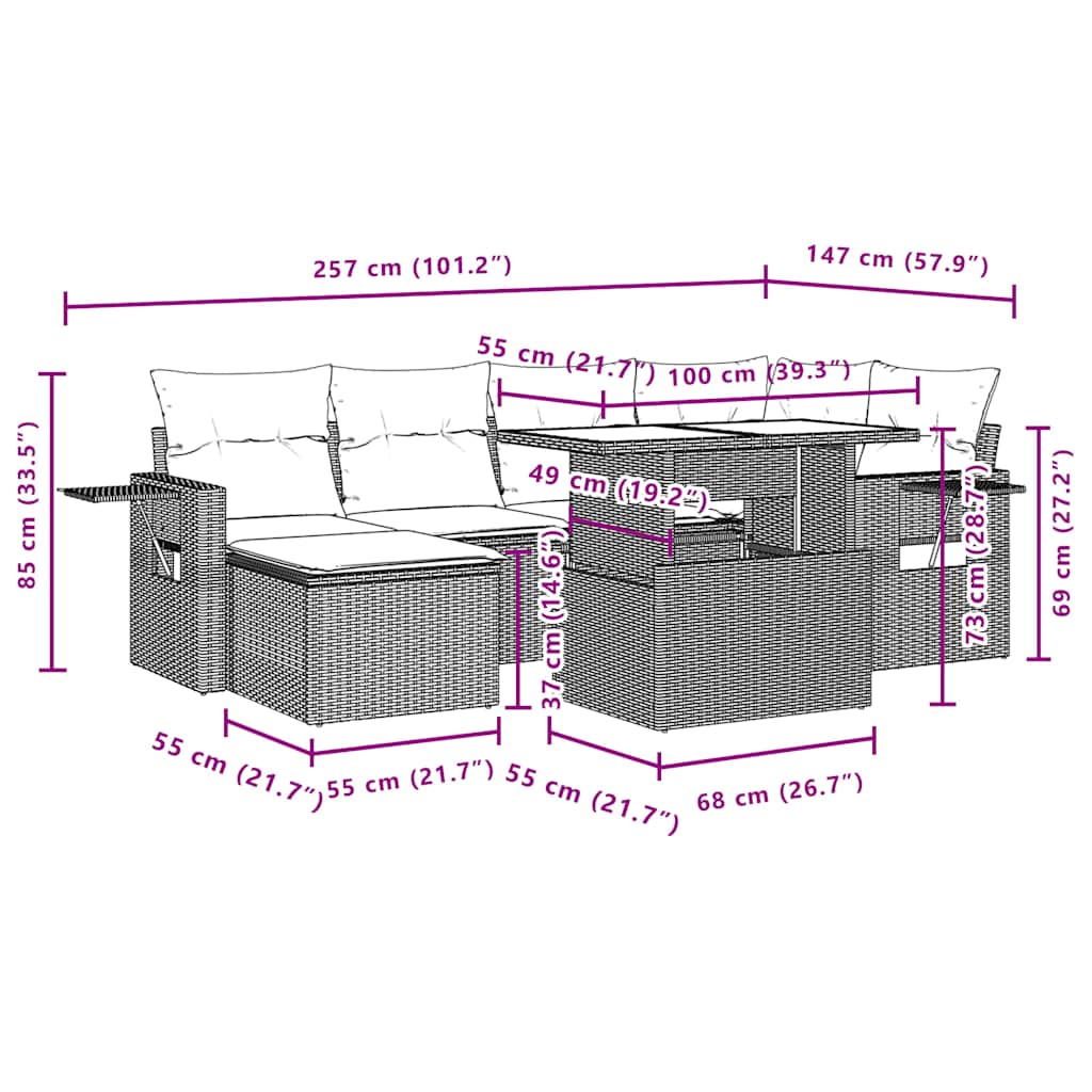 7-teiliges Gartensofa-Set mit Kissen, grau, Polyrattan