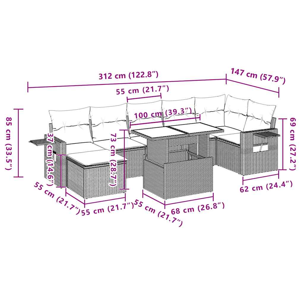 8-teiliges Gartensofa-Set mit Kissen, grau, Polyrattan
