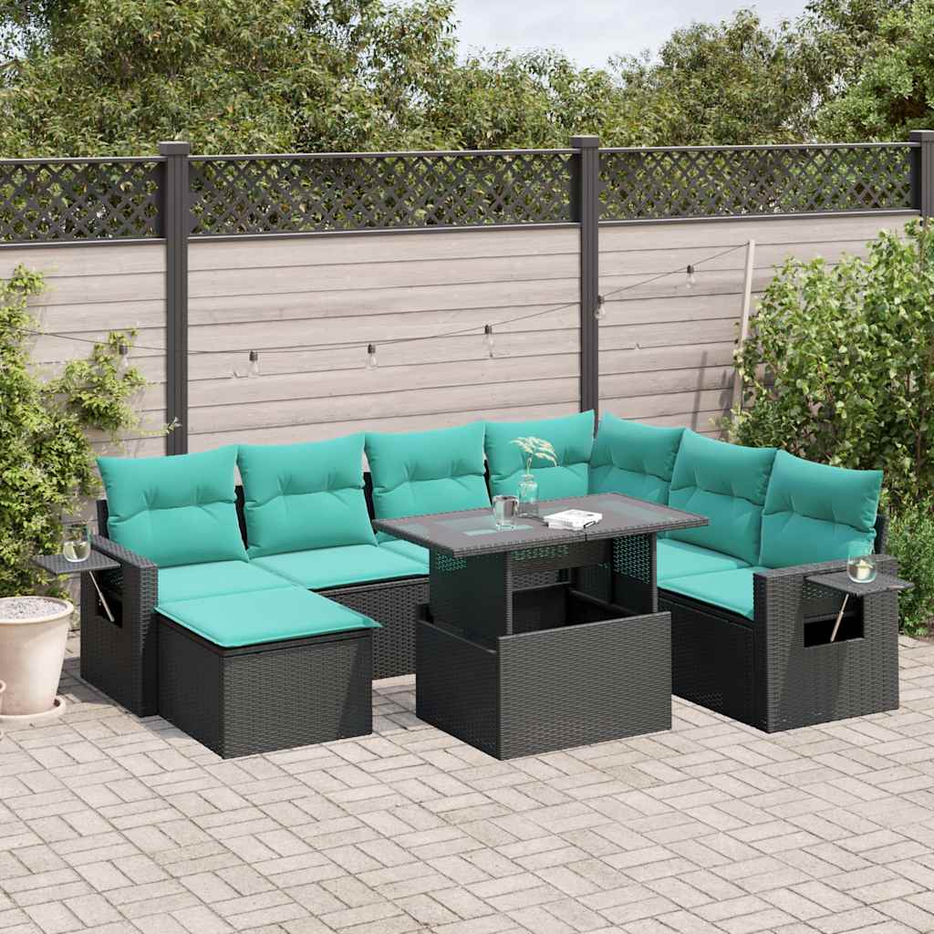 8-teiliges Gartensofa-Set mit Kissen, schwarzes Polyrattan