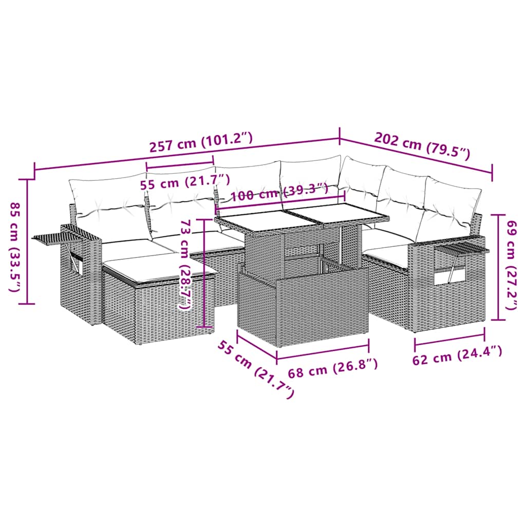 8-teiliges Gartensofa-Set mit Kissen, grau, Polyrattan