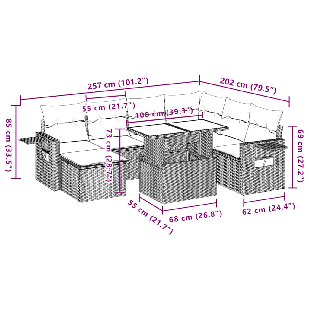 8-teiliges Gartensofa-Set mit Kissen, braun, Polyrattan