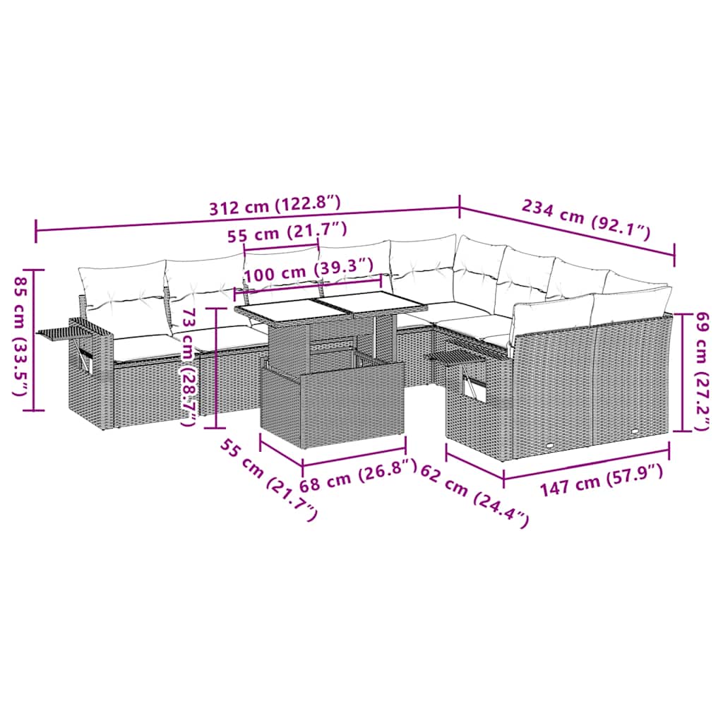 10-teiliges Gartensofa-Set mit Kissen, grau, Polyrattan