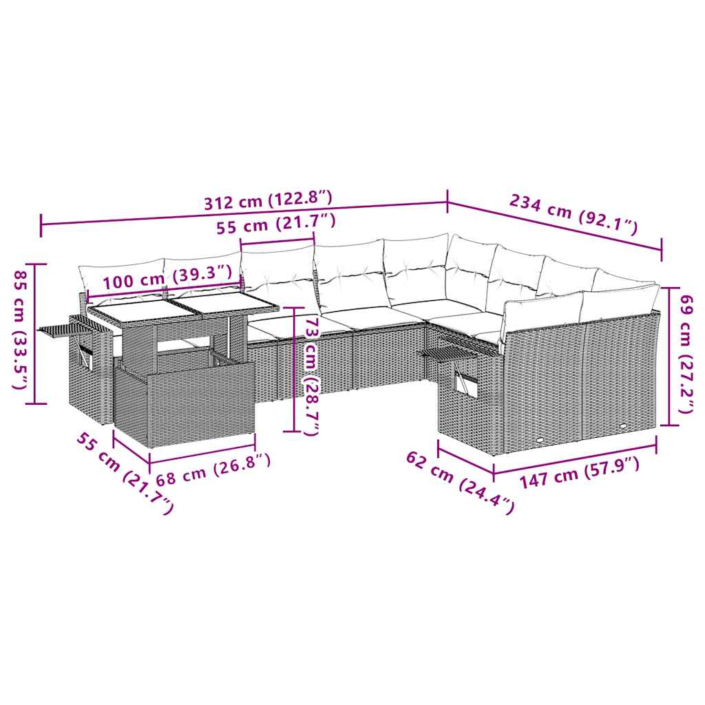 10-teiliges Gartensofa-Set mit Kissen, schwarzes Polyrattan