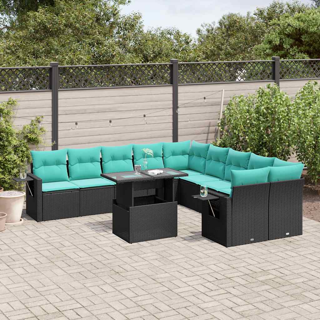 11-teiliges Gartensofa-Set mit Kissen, schwarzes Polyrattan