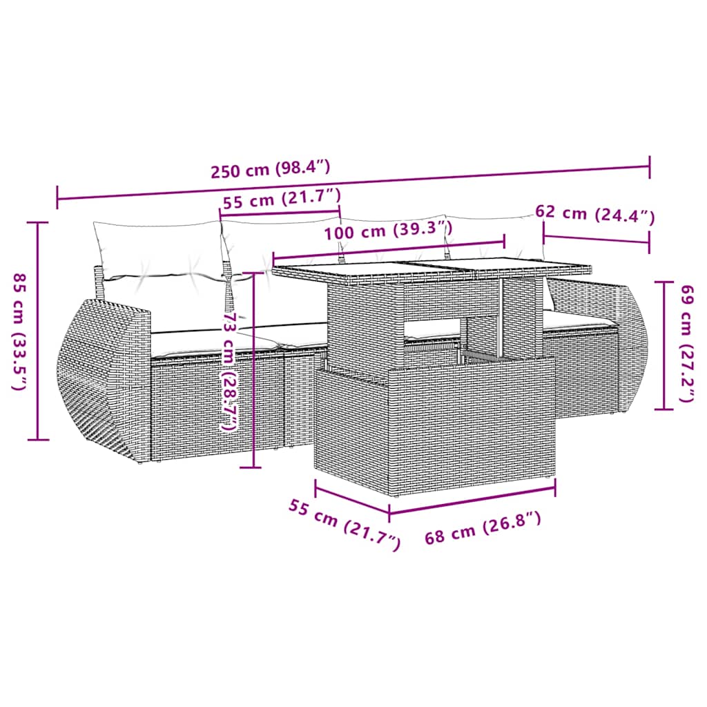 5-teiliges Gartensofa-Set mit Kissen, schwarzes Polyrattan