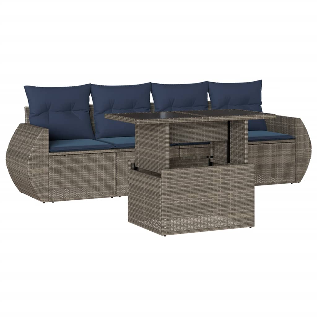 5-teiliges Gartensofa-Set mit Kissen, grau, Polyrattan