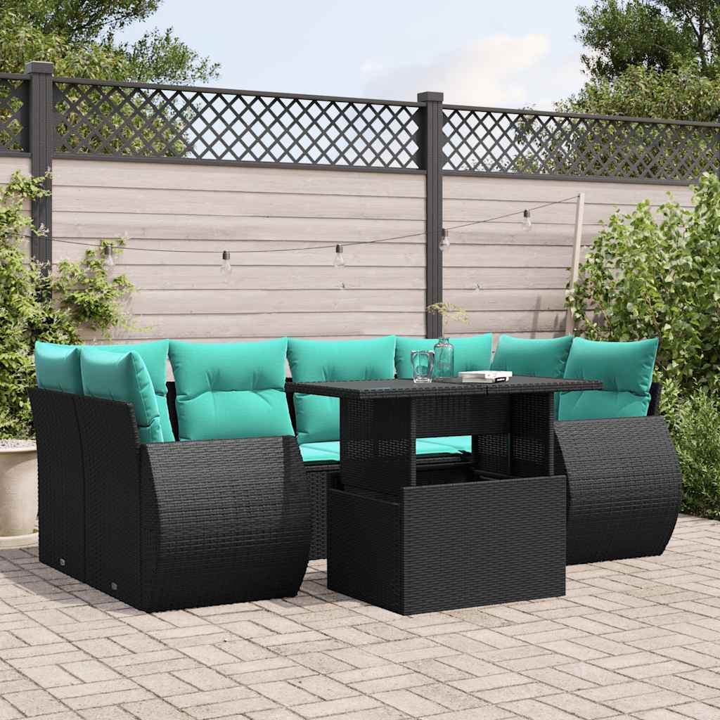 7-teiliges Gartensofa-Set mit Kissen, schwarzes Polyrattan